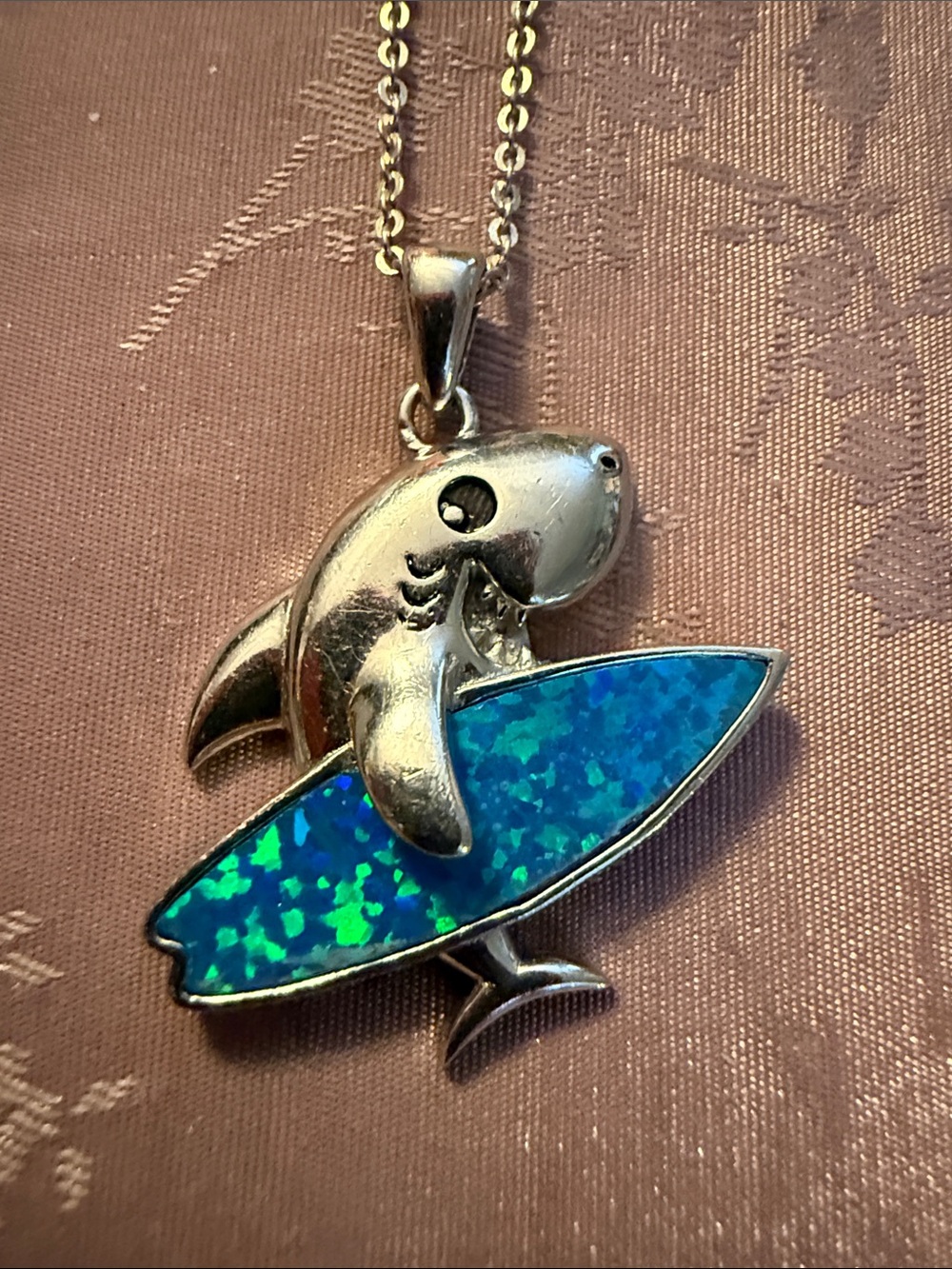 Sterling Silver Shark Pendant Necklace with Blue-Green Opal Surfboard